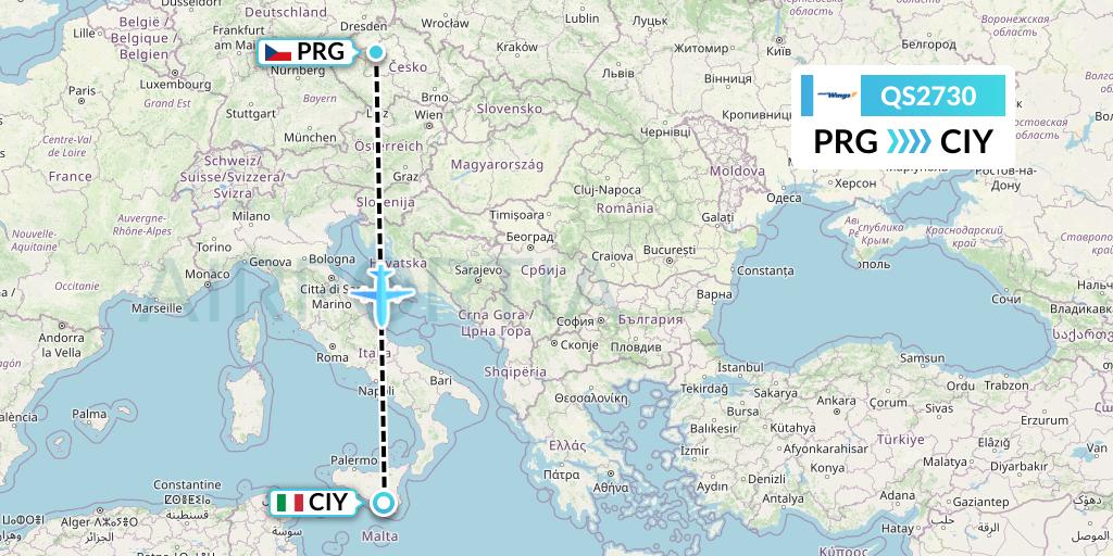 QS2730 Smartwings Flight Map: Prague to Comiso