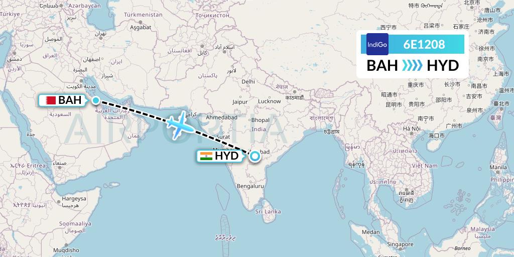 6E1208 IndiGo Airlines Flight Map: Bahrain to Hyderabad
