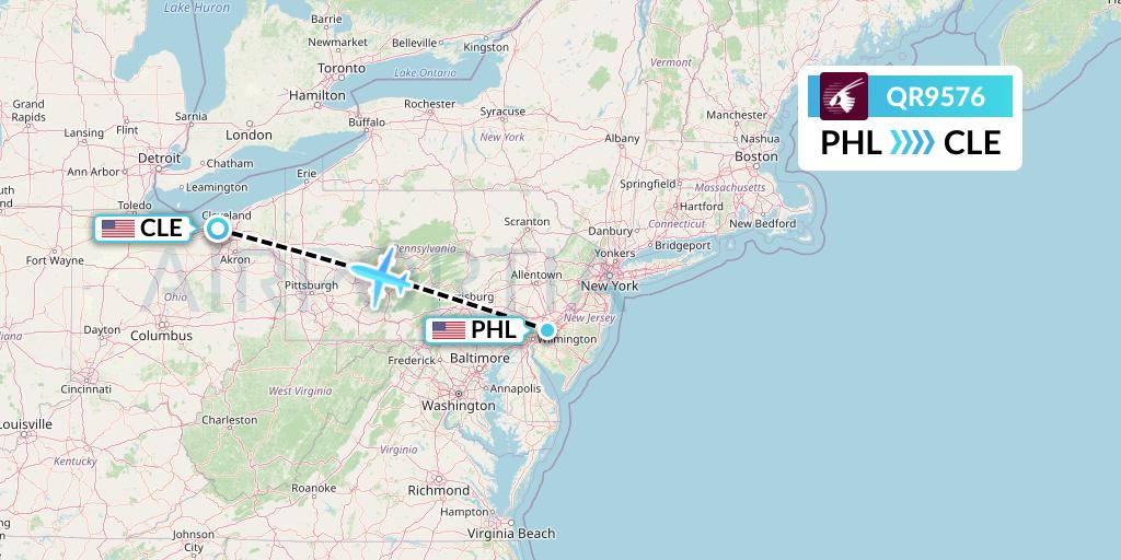 QR9576 Qatar Airways Flight Map: Philadelphia to Cleveland
