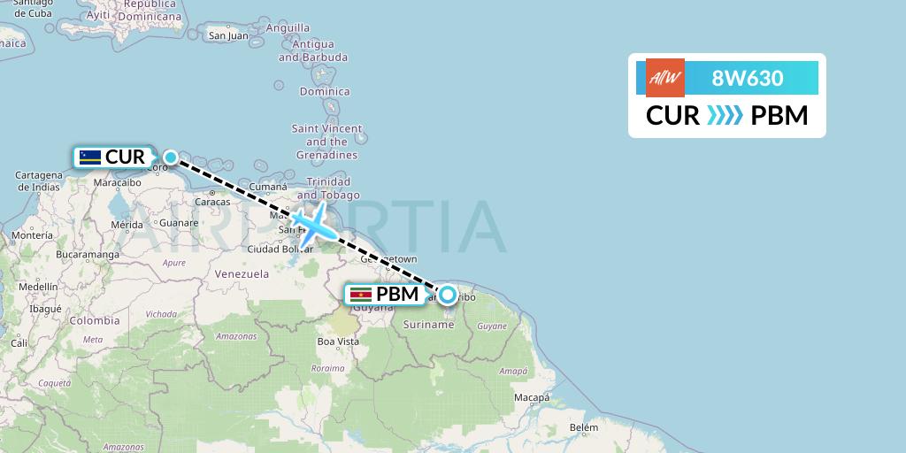 8W630 Fly AllWays Flight Map: Willemstad to Paramaribo