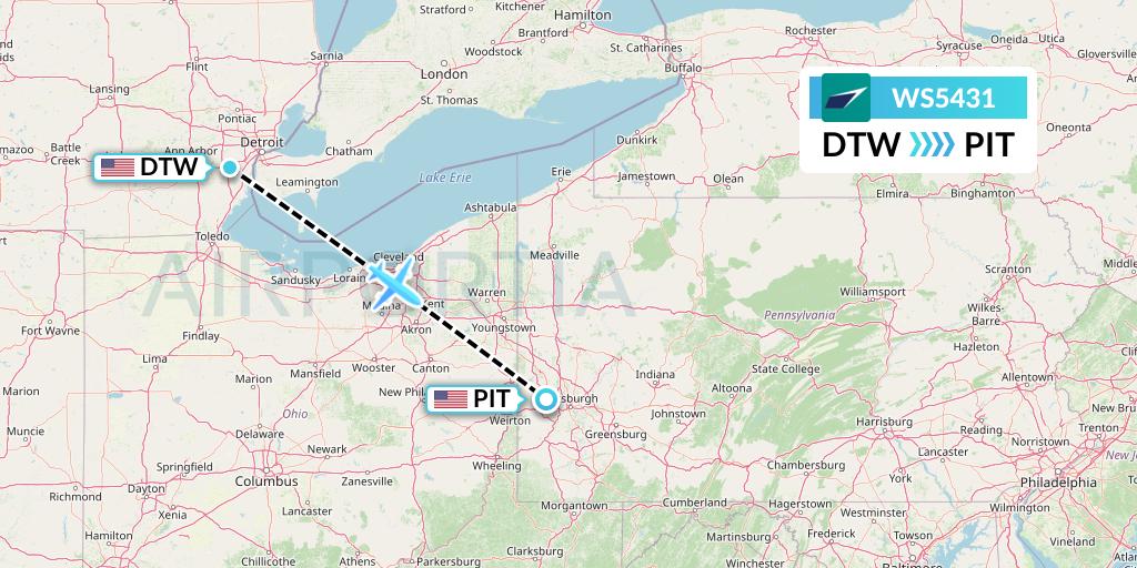 WS5431 WestJet Flight Map: Detroit to Pittsburgh