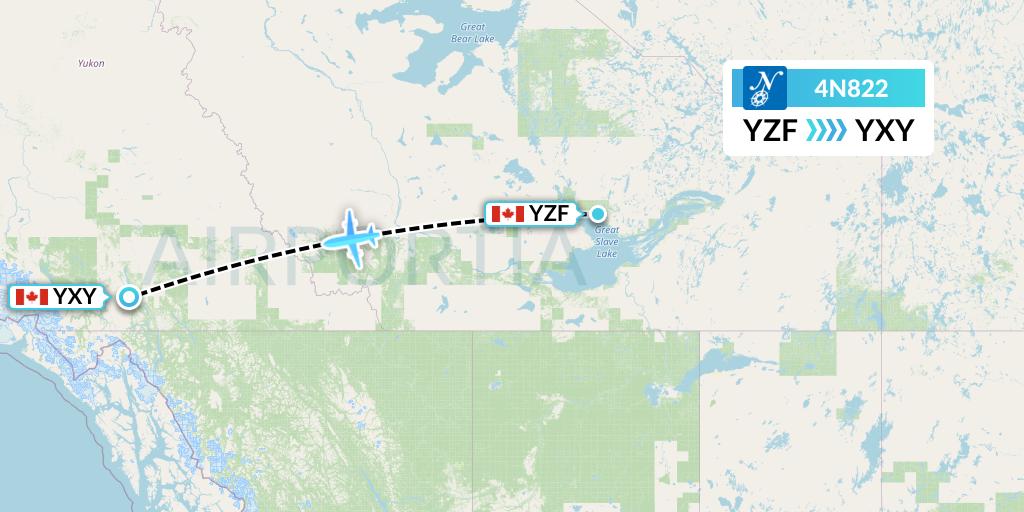 4N822 Air North Flight Map: Yellowknife to Whitehorse