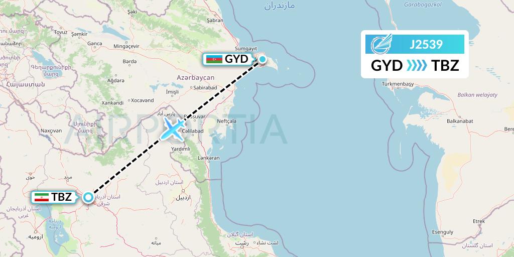 J2539 Azerbaijan Airlines Flight Map: Baku to Tabriz