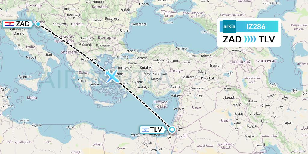 IZ286 Arkia Israeli Airlines Flight Map: Zadar to Tel Aviv