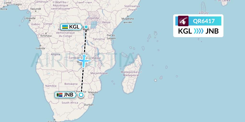 QR6417 Qatar Airways Flight Map: Kigali to Johannesburg