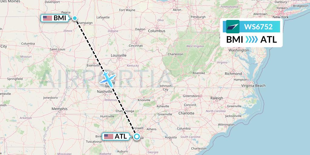 WS6752 WestJet Flight Map: Bloomington to Atlanta