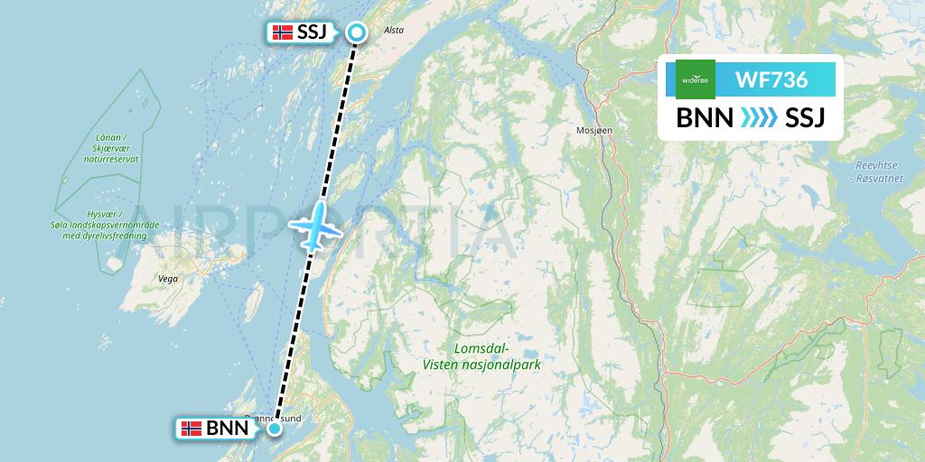WF736 Wideroe Flight Map: Bronnoysund to Sandnessjoen