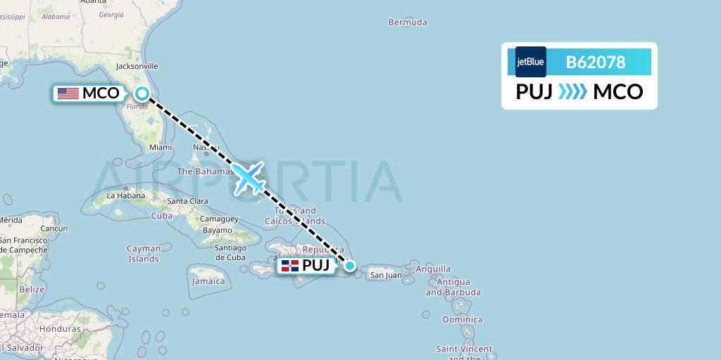 B62078 JetBlue Airways Flight Map: Punta Cana to Orlando