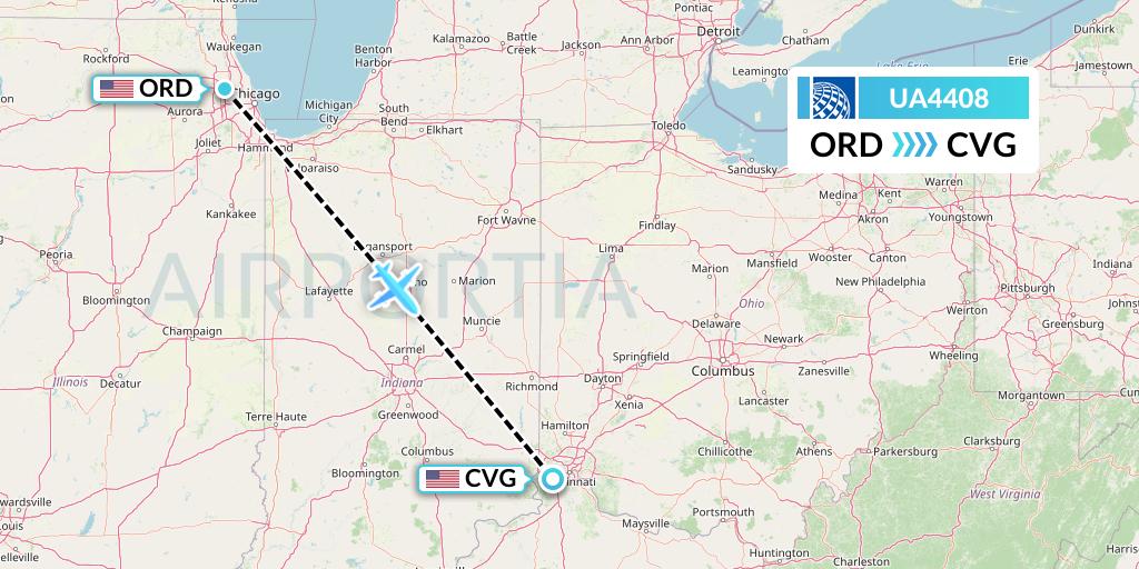UA4408 United Airlines Flight Map: Chicago to Cincinnati