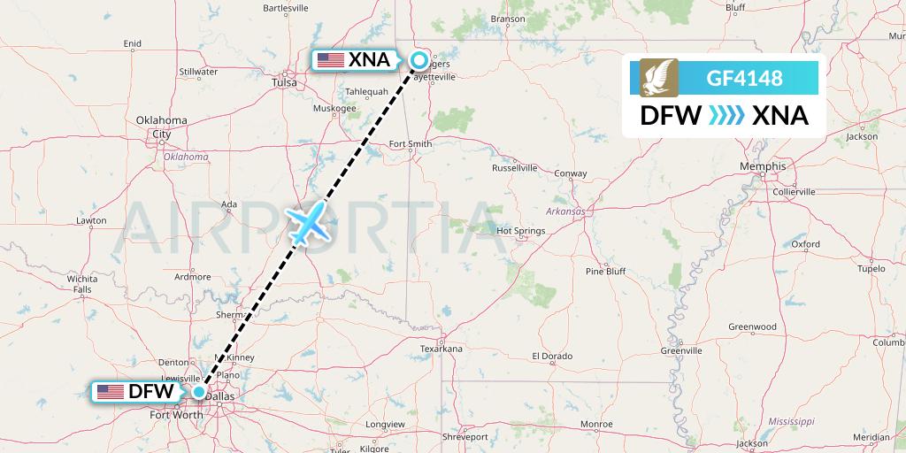 GF4148 Gulf Air Flight Map: Dallas to Bentonville
