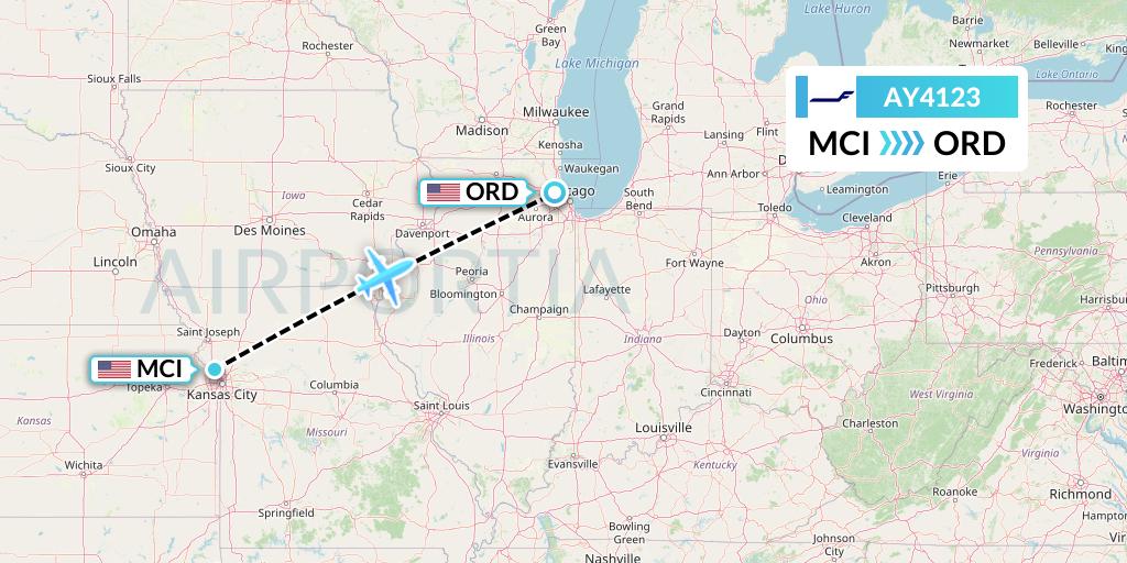 AY4123 Finnair Flight Map: Kansas City to Chicago