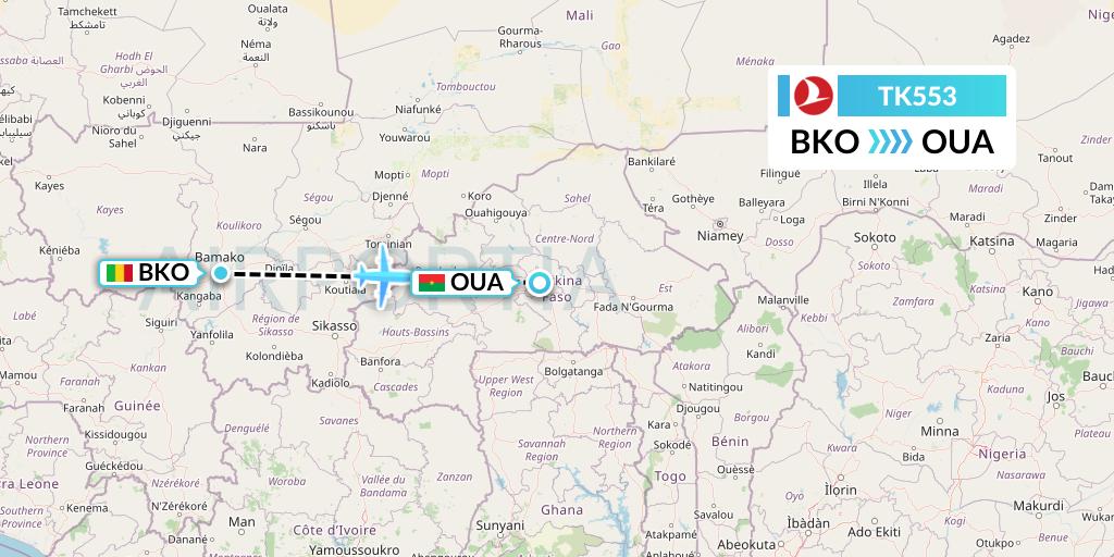 TK553 Turkish Airlines Flight Map: Bamako to Ouagadougou