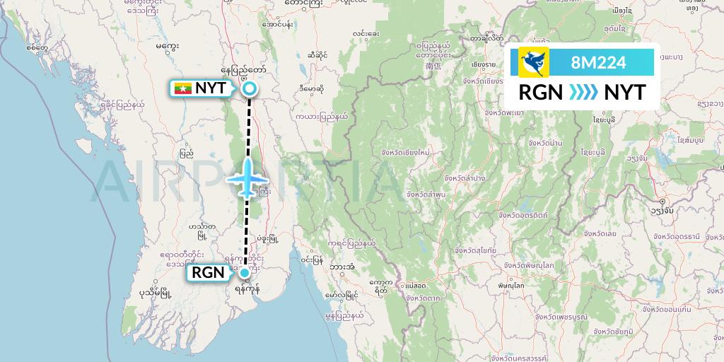 8M224 Myanmar Airways International Flight Map: Yangon to Naypyidaw 