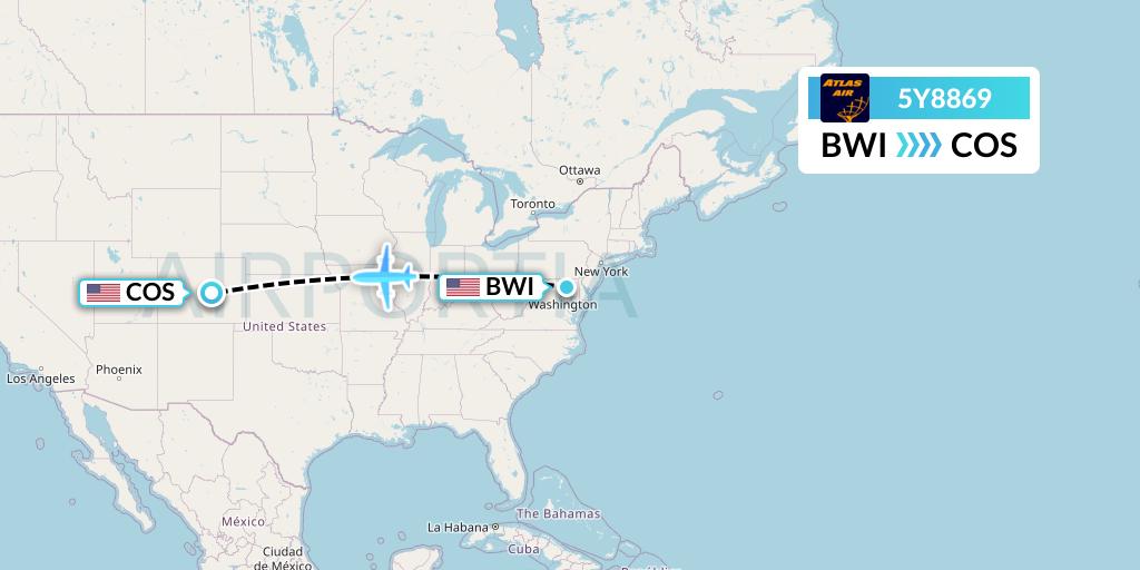 5Y8869 Atlas Air Flight Map: Baltimore to Colorado Springs