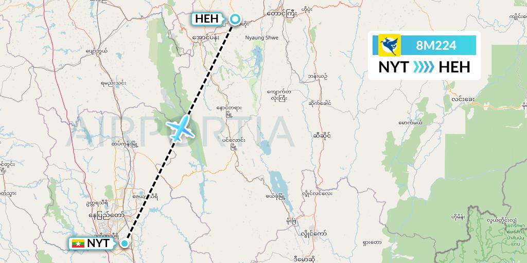 8M224 Myanmar Airways International Flight Map: Naypyidaw to Heho