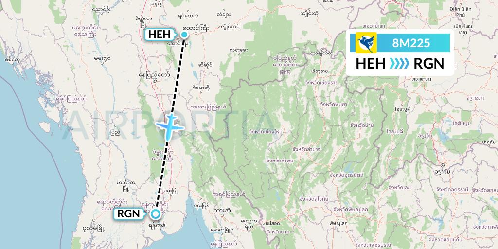 8M225 Myanmar Airways International Flight Map: Heho to Yangon