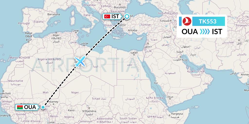 TK553 Turkish Airlines Flight Map: Ouagadougou to Istanbul