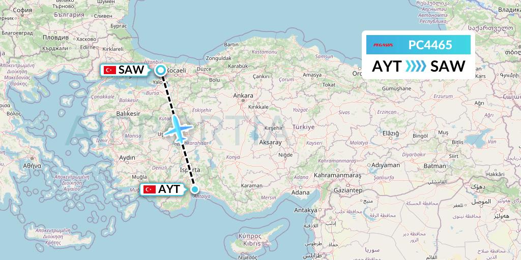 PC4465 Pegasus Airlines Flight Map: Antalya to Istanbul