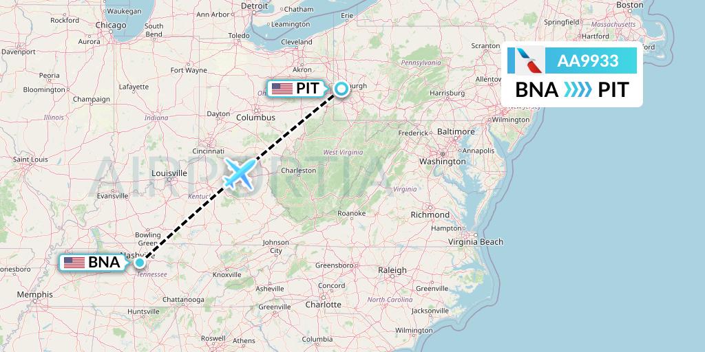 AA9933 American Airlines Flight Map: Nashville to Pittsburgh