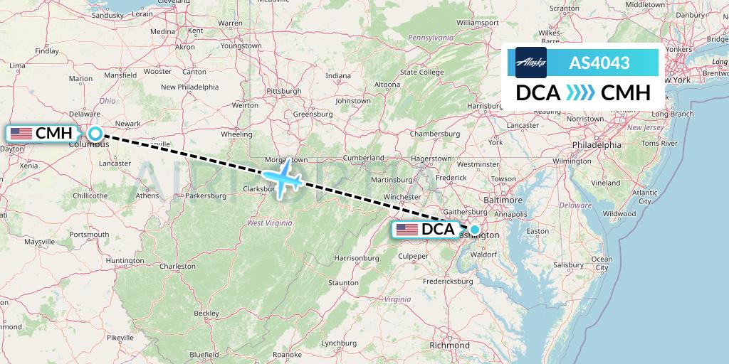 AS4043 Alaska Airlines Flight Map: Washington to Columbus