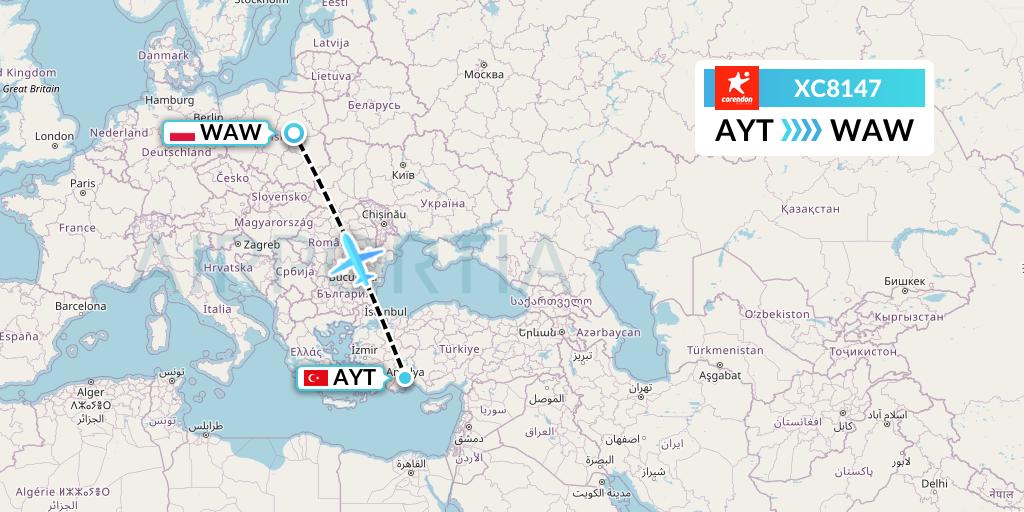 XC8147 Corendon Airlines Flight Map: Antalya to Warsaw