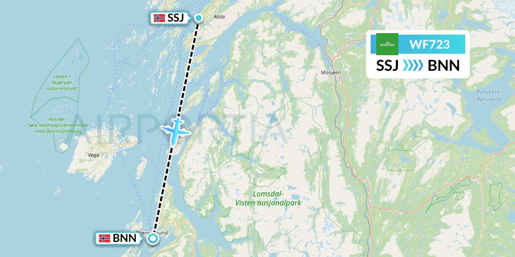 WF723 Wideroe Flight Map: Sandnessjoen to Bronnoysund