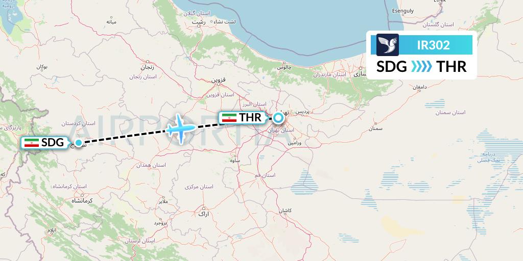 IR302 Iran Air Flight Map: Sanandaj to Tehran