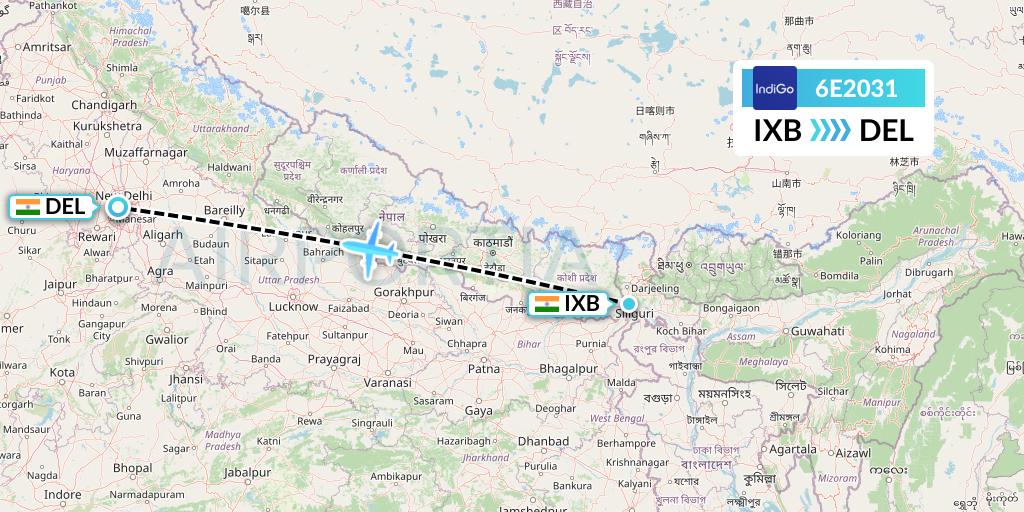 6E2031 IndiGo Airlines Flight Map: Siliguri to Delhi