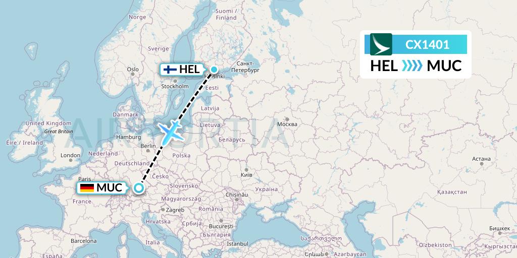 CX1401 Cathay Pacific Flight Map: Helsinki to Munich