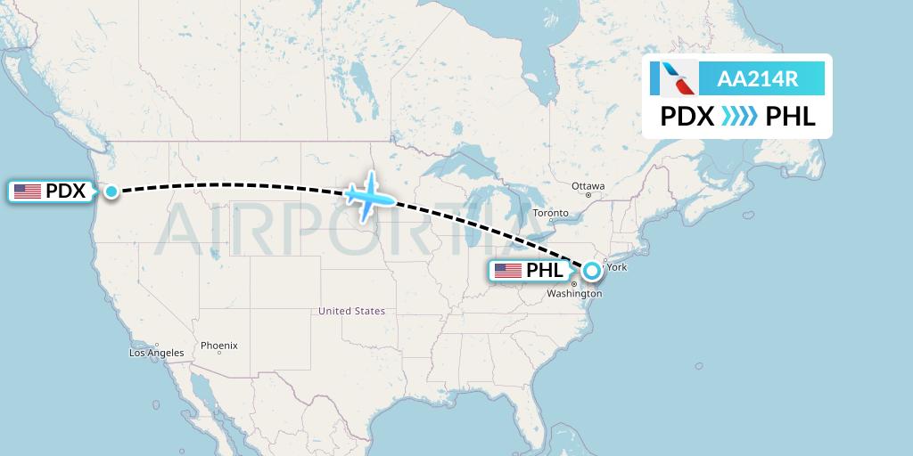 AA214R American Airlines Flight Map: Portland to Philadelphia