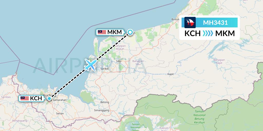 MH3431 Malaysia Airlines Flight Map: Kuching to Mukah