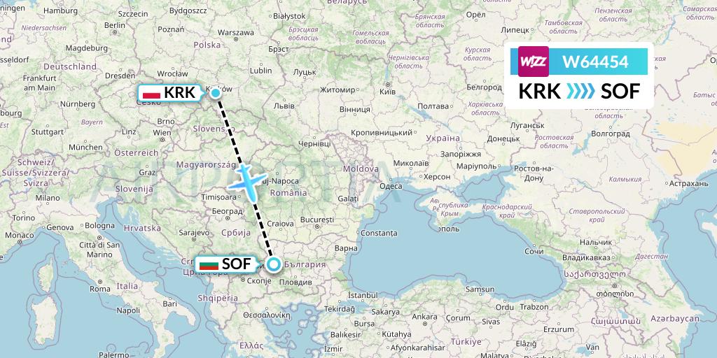 W64454 Wizz Air Flight Map: Krakow to Sofia