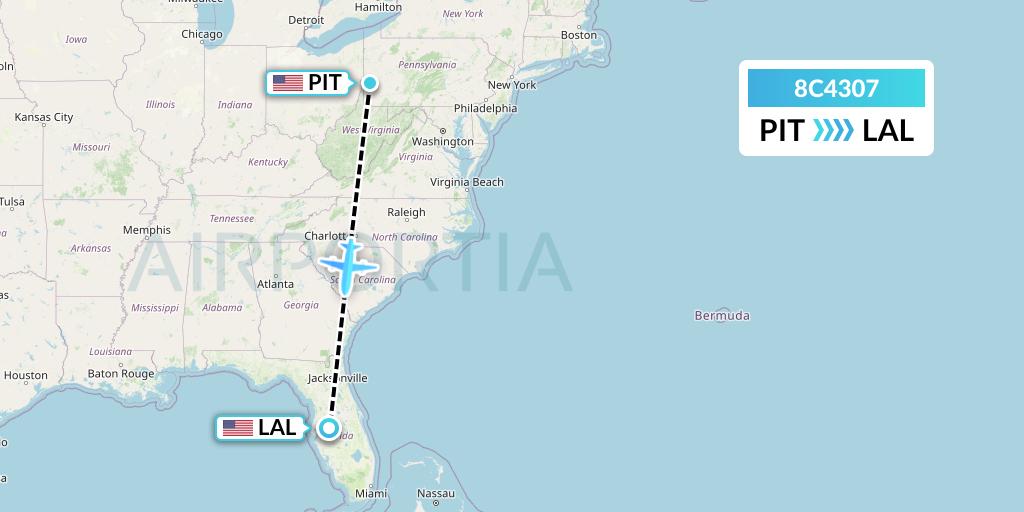 8C4307 Air Transport International Flight Map: Pittsburgh to Lakeland