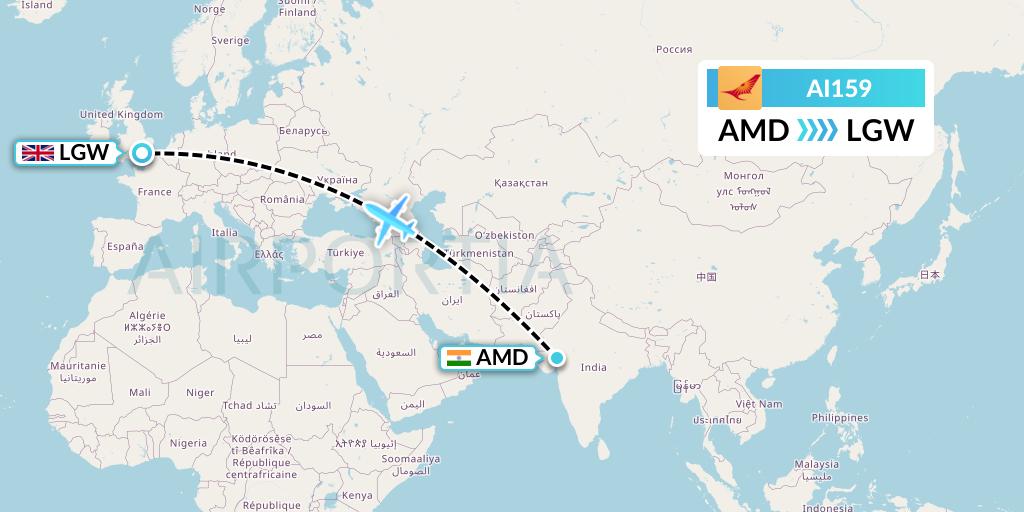 AI159 Air India Flight Map: Ahmedabad to London