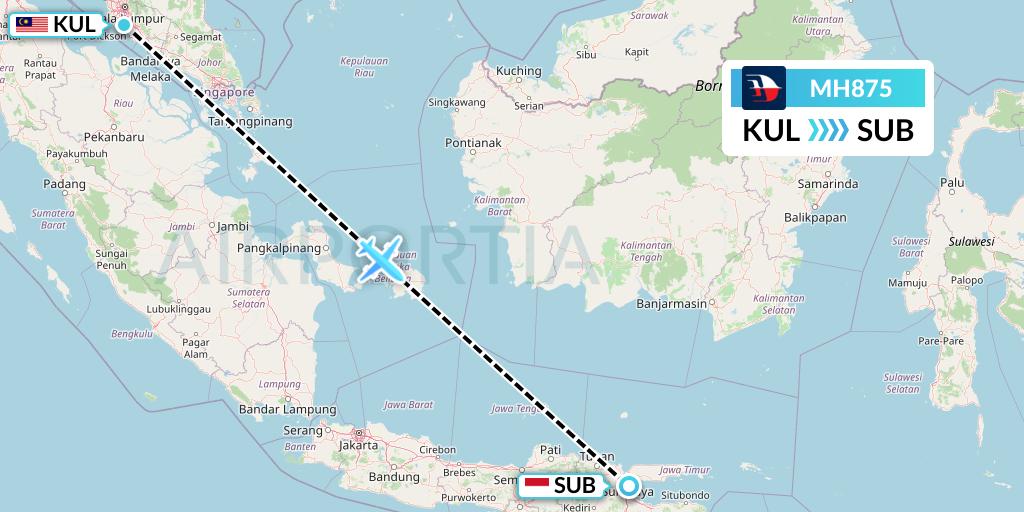 MH875 Malaysia Airlines Flight Map: Kuala Lumpur to Surabaya