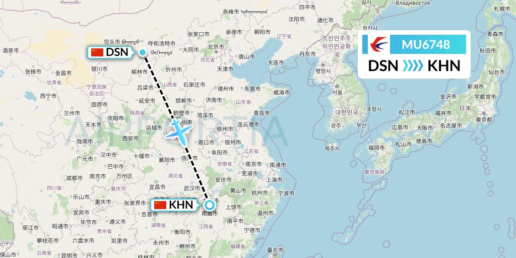 MU6748 China Eastern Airlines Flight Map: Dongsheng to Nanchang