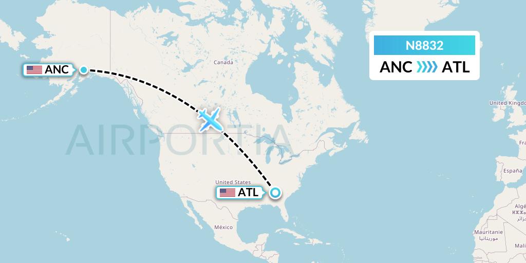 N8832 National Airlines Flight Map: Anchorage to Atlanta