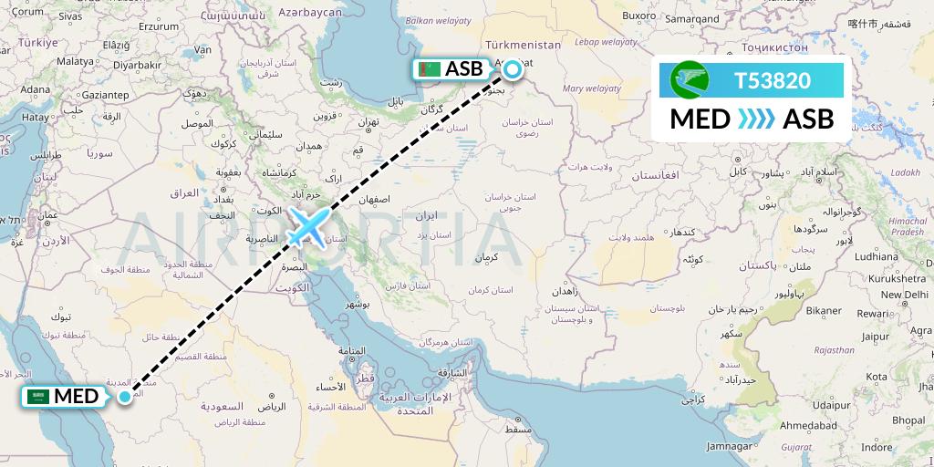 T53820 Turkmenistan Airlines Flight Map: Medina to Ashgabat