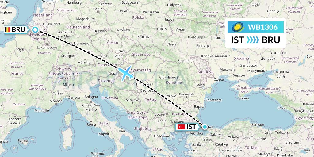 WB1306 RwandAir Flight Map: Istanbul to Brussels