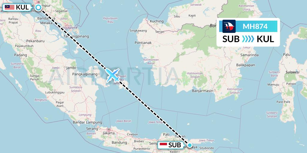MH874 Malaysia Airlines Flight Map: Surabaya to Kuala Lumpur