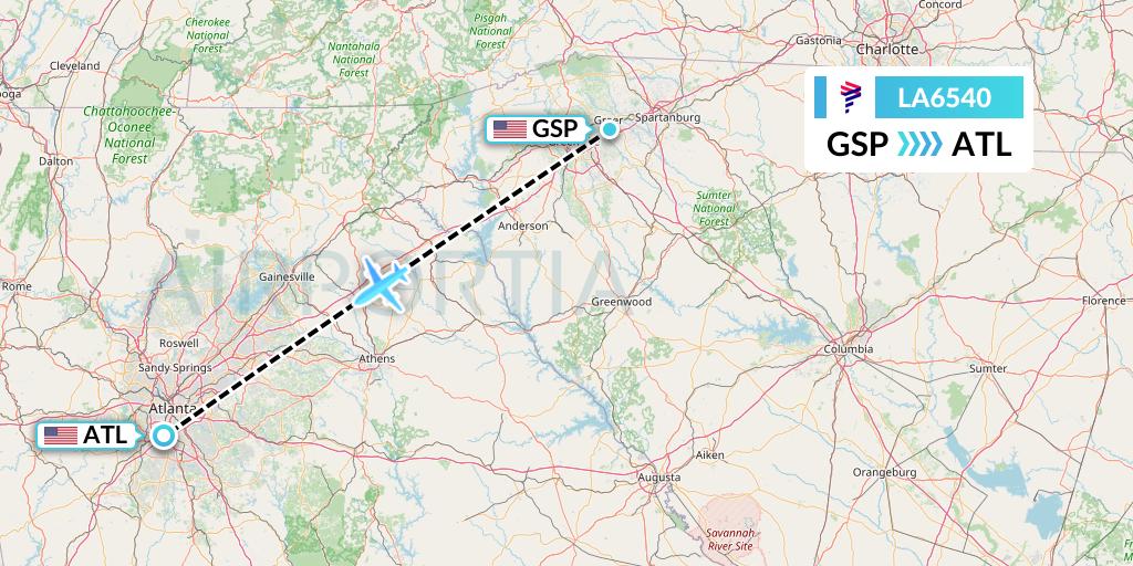 LA6540 LAN Airlines Flight Map: Greenville-Spartanburg to Atlanta