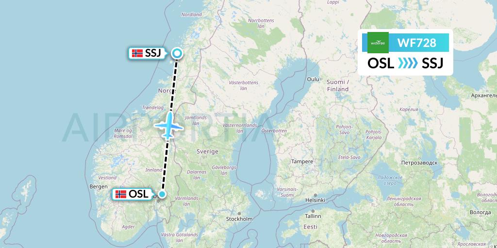 WF728 Wideroe Flight Map: Oslo to Sandnessjoen