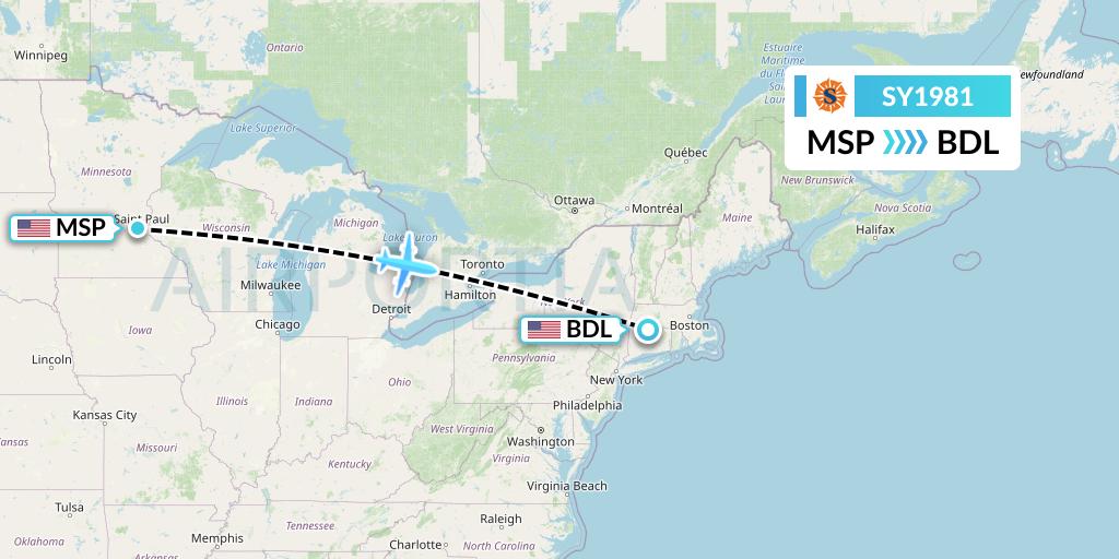 SY1981 Sun Country Airlines Flight Map: Minneapolis to Windsor Locks