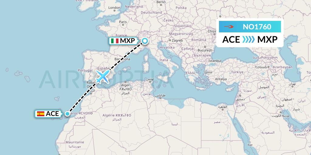 NO1760 Neos Flight Map: Lanzarote to Milan