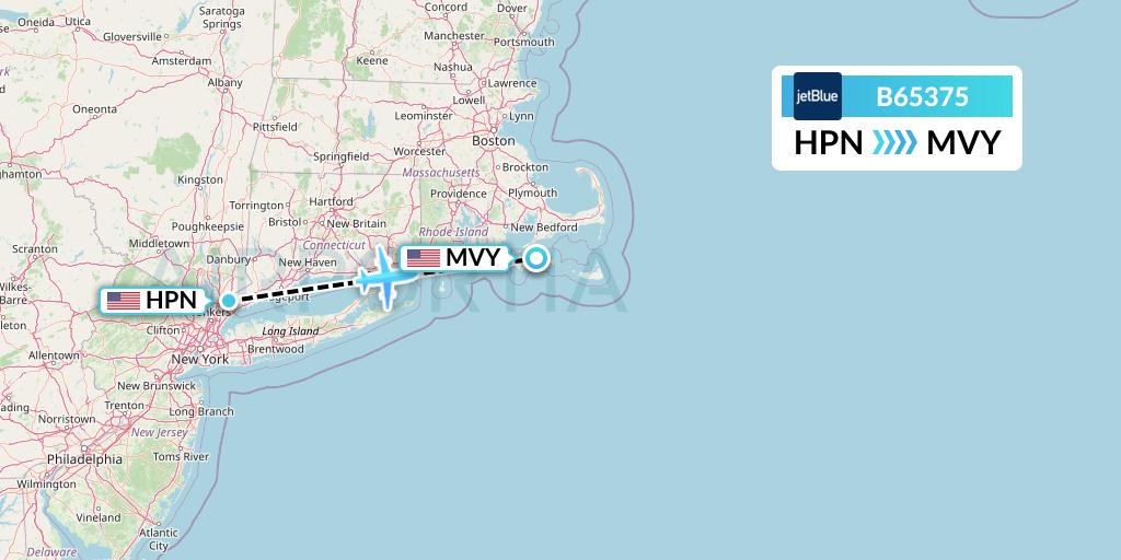 B65375 JetBlue Airways Flight Map: White Plains to Martha's Vineyard