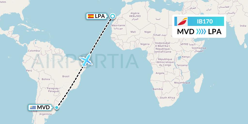 IB170 Iberia Flight Map: Montevideo to Las Palmas