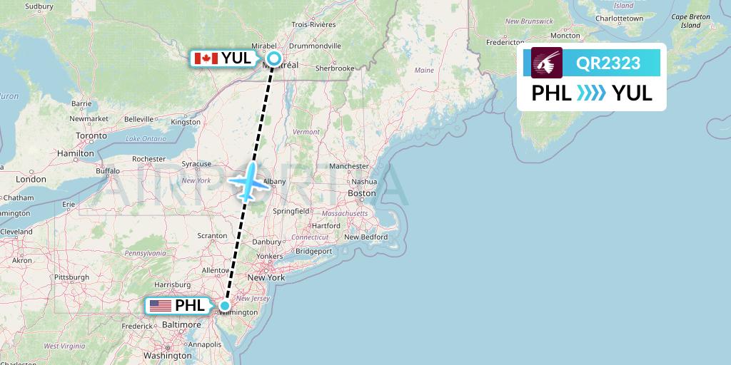 QR2323 Qatar Airways Flight Map: Philadelphia to Montreal