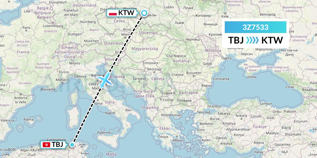 3Z7533 Travel Service Polska Flight Map: Tabarka to Katowice