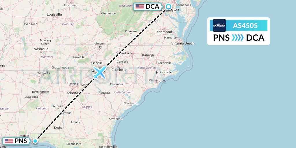 AS4505 Alaska Airlines Flight Map: Pensacola to Washington