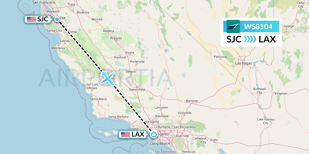 WS8104 WestJet Flight Map: San Jose to Los Angeles
